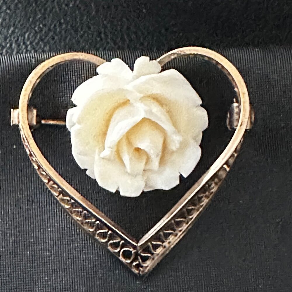 Gold Filled Filagree Carved White celluloid Flower by Van Lou Vintage Pin